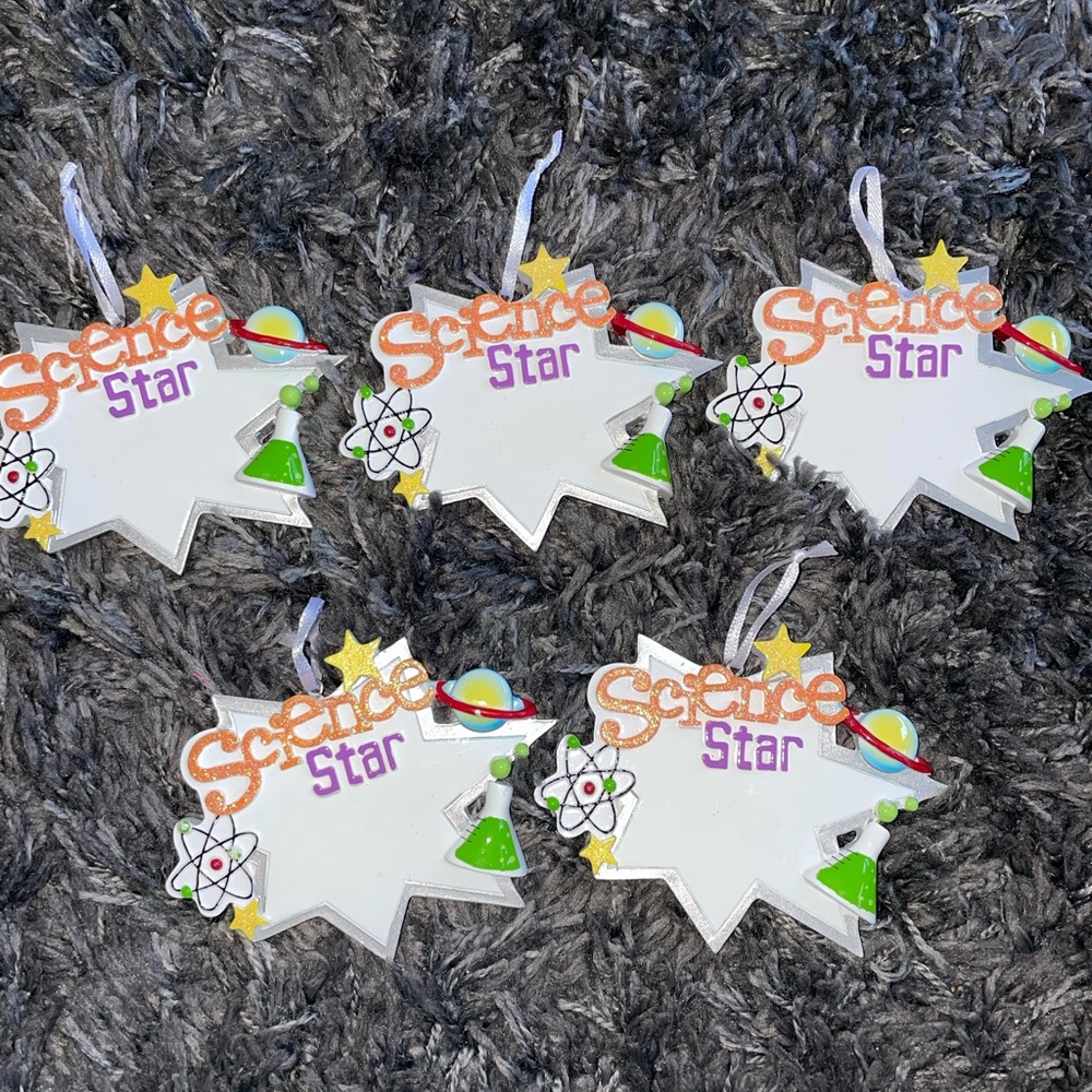 Brand New Lot of 5 Teacher Award Ornaments Science Star Personalize It Christmas